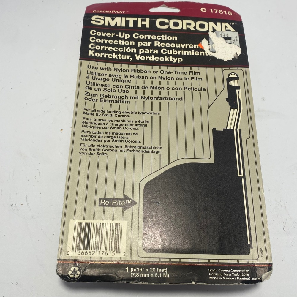 Smith Corona Correction Cassette C 17616 Black New Re-Rite Typewriter Tape